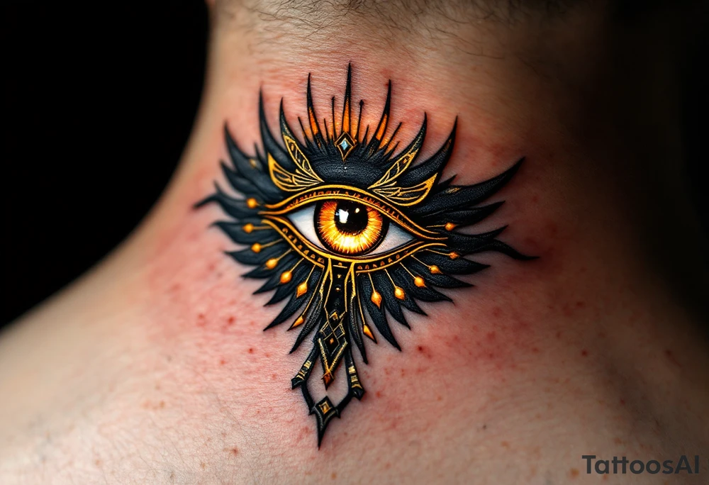 A black and gold Eye of Horus, glowing with ancient protection. tattoo idea