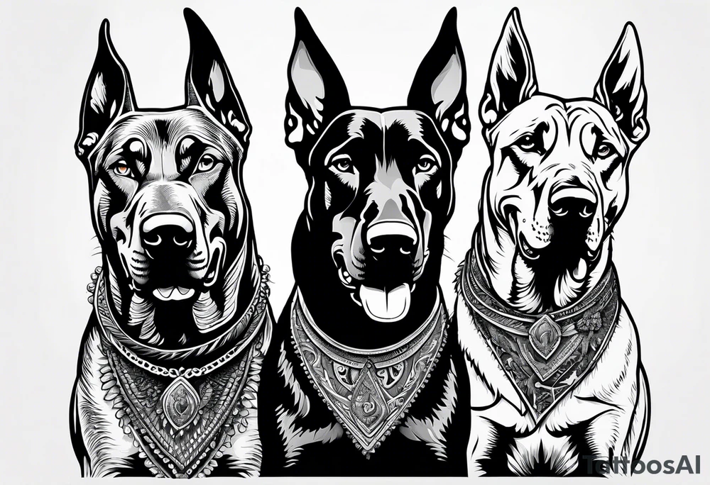 3 very angry Dobermans with fangs tattoo idea