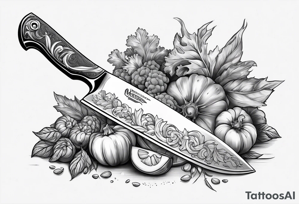 Chef knife with vegetables inside blade tattoo idea Chef knife with vegetables inside blade tattoo idea