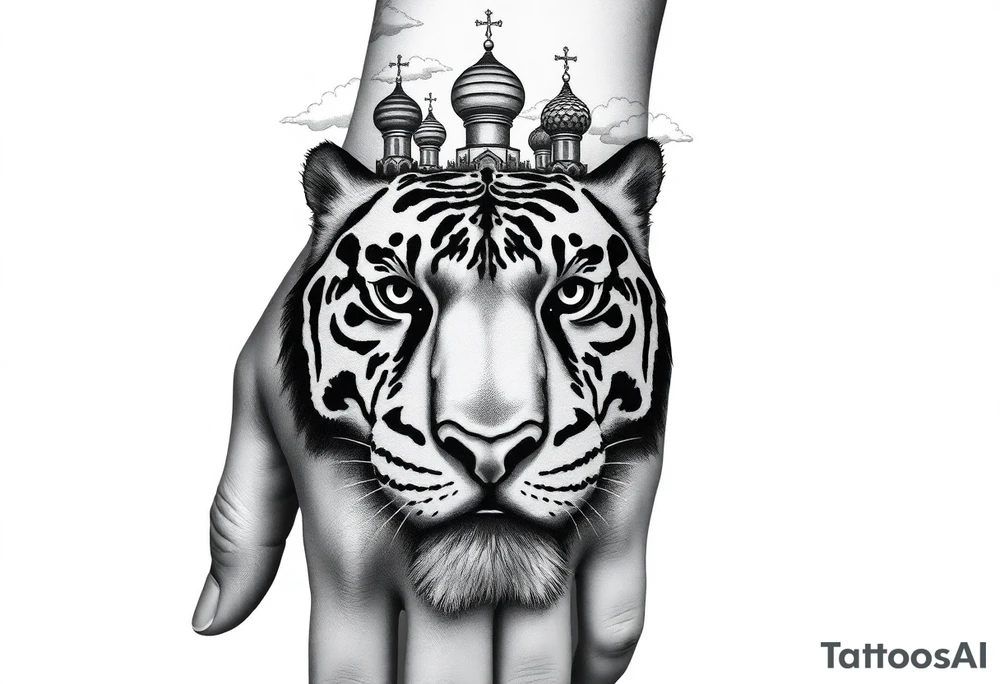 Realistic relic style tiger face on the back of the hand with strong contrast and fine detail with its eyes completely black. with a highly detailed Russian Orthodox cathedral sitting above on fore arm with onion domes and orthodox crosses, done in fine line, engraving-like style. Cohesive composition, black ink only, no color, high contrast, slightly aged, documentary-style, plain light background. with clouds above and a virgin mary 
spanning from my hand to lower fore arm tattoo idea