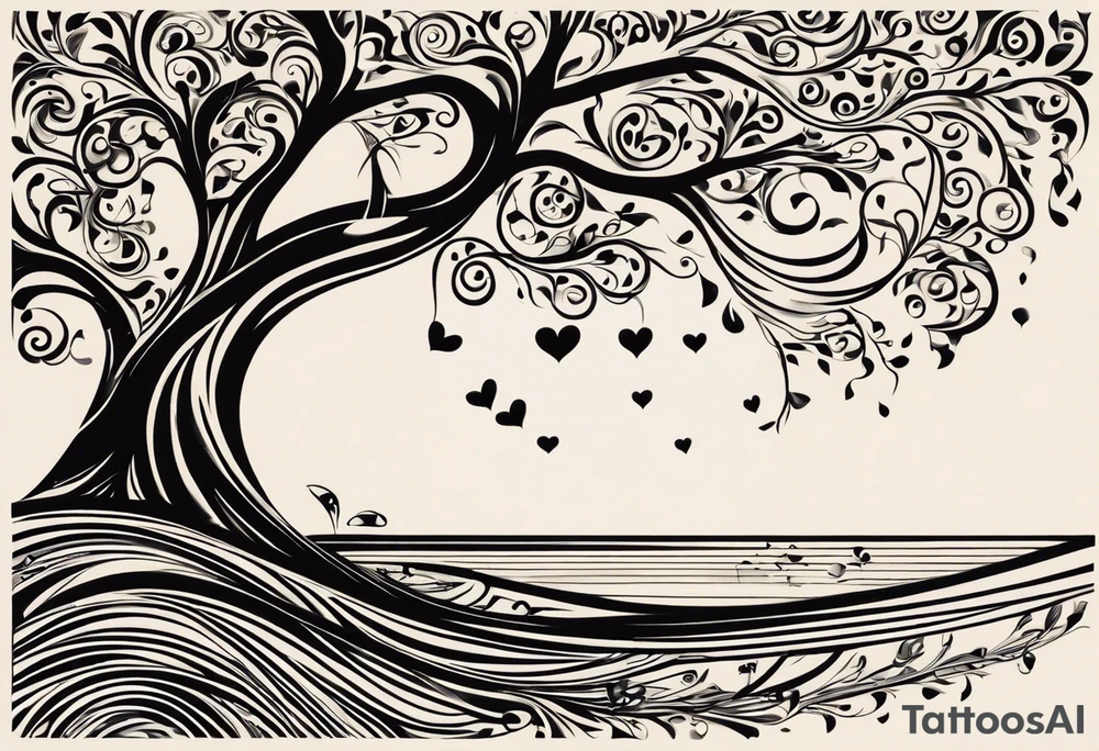 A tattoo design that incorporates the following elements: an abstract tree of life that has roots emerging  from the ground. Waves of water wrap around the tree in a non symmetrical design.  Incorporate musical notes into the tree. the letters U and A are overlapping and engraved into the tree. The game of golf incorporated but not prominent. tattoo idea