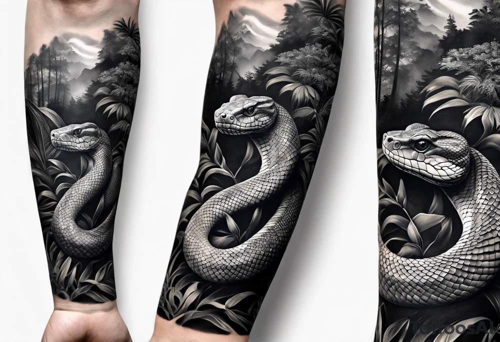 Black and grey realism with a pit viper snake rainforest background for a forearm sleeve. Create the snake to have aggressive features. tattoo idea