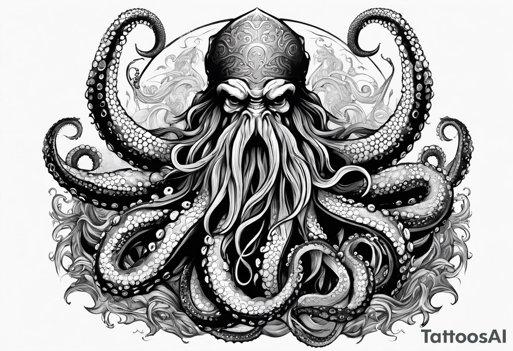 Kraken octopus tentacles grabbing Poseidon thrusting trident into monster deep ocean stormy tattoo idea