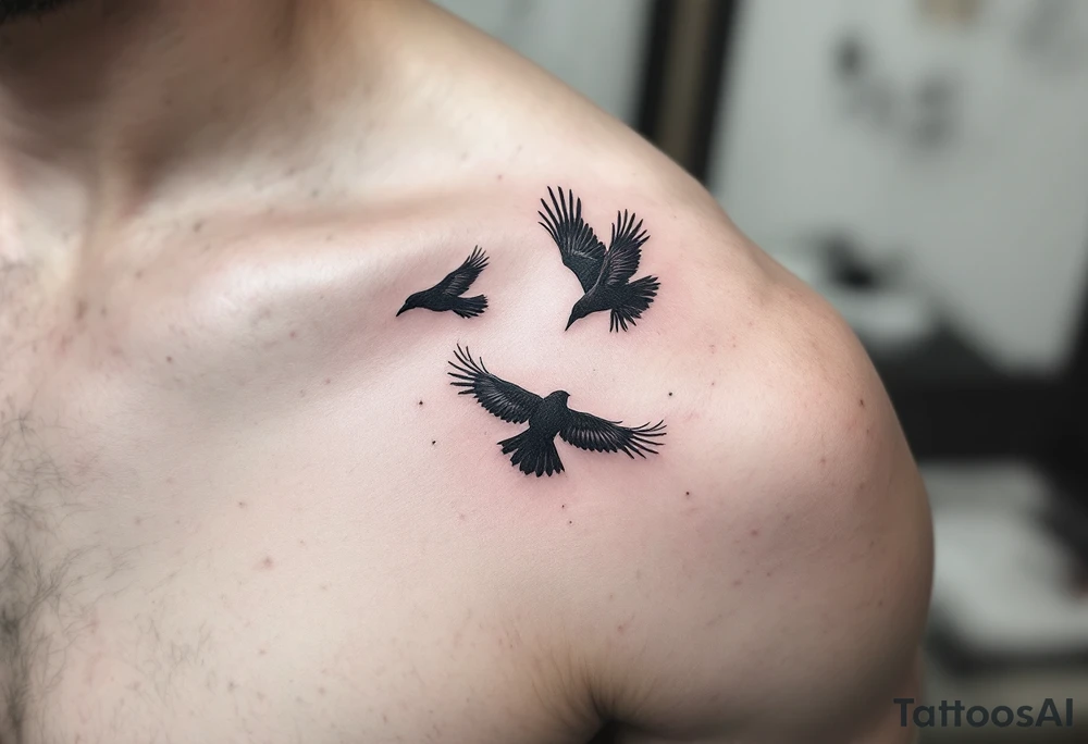 Three Crows in Flight – Trio of crows flying in different directions, representing past, present, and future. Done in pure black ink with delicate dotwork shadows. tattoo idea