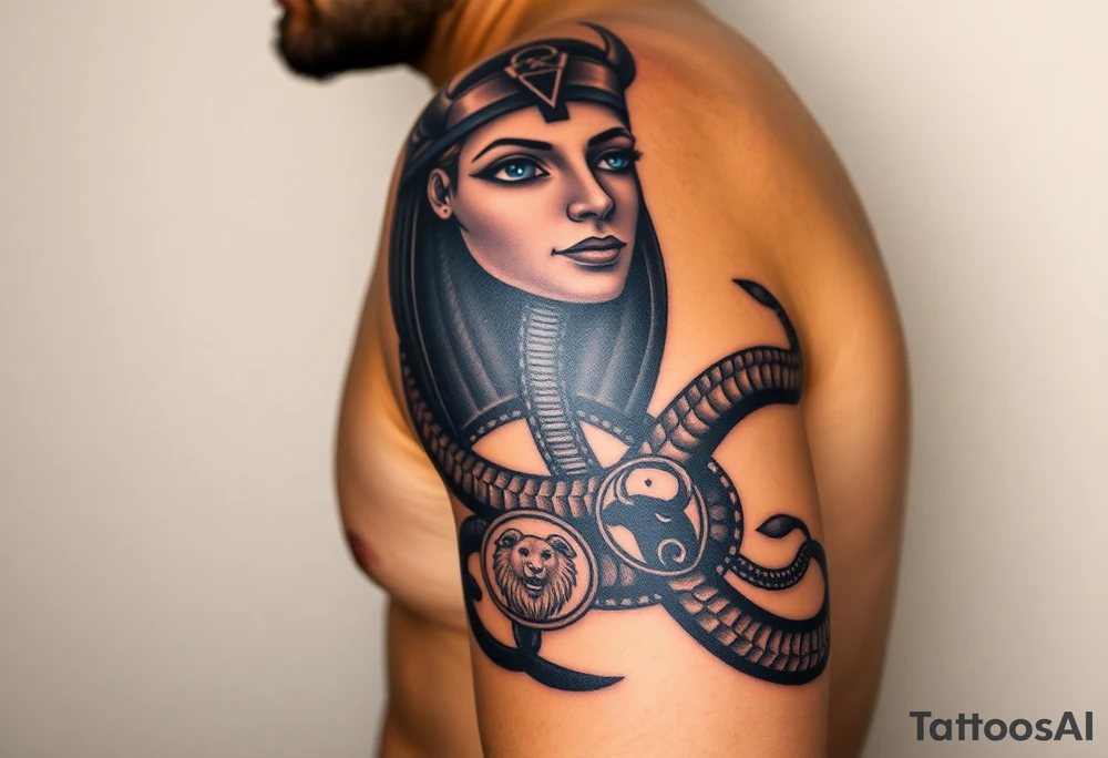 A DSLR photo of a full upper arm tattoo on a man's right arm, from neck to below the elbow. The tattoo shows the Egyptian goddess Renenutet with a serene and powerful female face, shaded with lifelike detail. Her eyes are vivid blue with white highlights. She wears a war crown (Mut or Isis style, with horns and a solar disk), and an ankh on the forehead. Her hair blends into a cobra hood that transitions into the serpent’s body wrapping around the entire arm. The cobra’s scales are deeply shaded black with white edge accents and subtle blue highlights on the back. The body coils protectively around the forearm, encircling three symbols: twin faces (Gemini), a lion’s head in relief (Leo), and a Capricorn with a horned goat and fish tail, each embedded in the snake’s body or stylized medallions. The tattoo glows slightly with white ink accents, giving it a vibrant, almost living presence. Photographed in soft studio lighting to highlight texture and shading, with visible skin grain and depth of ink. tattoo idea