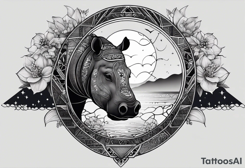 Very asymmetrical, +geometric pattern, with realistic full moon, with hippo,+tribal, +geometric, +inkart , +blackwork, +grey scale, + sketch
with wintersweet flower bud, +inkart touch, +for men, detailed , combined favourite , tattoo idea