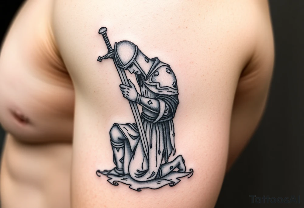 Weary knight with sword praying to the cross on one knee tattoo idea