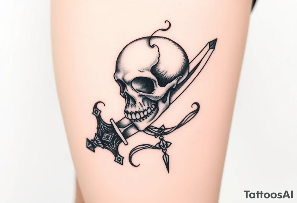 mystical skull coiled around an ancient dagger with jeweled hilt tattoo idea