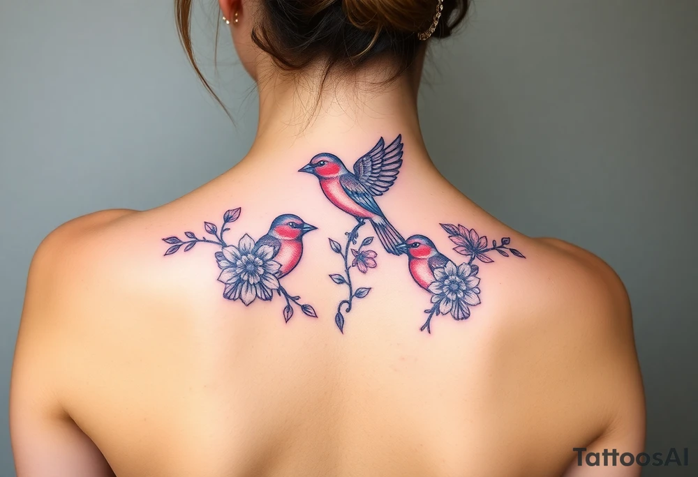 Mom bird and three baby birds with flowers tattoo idea