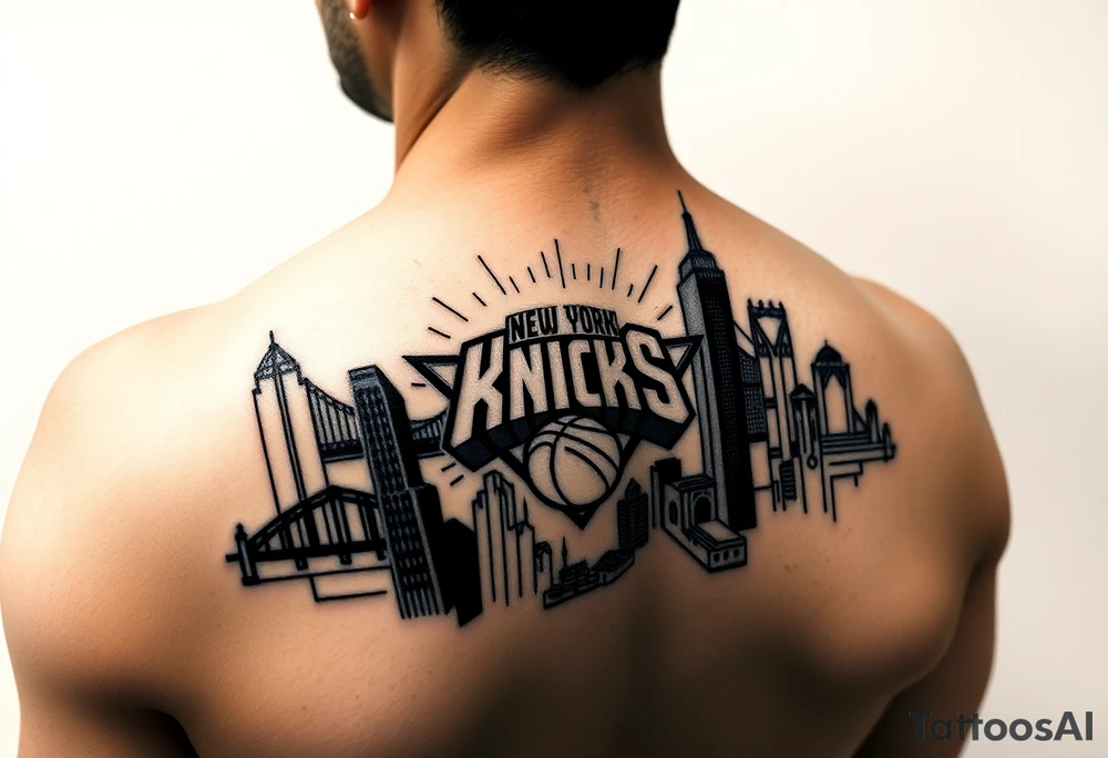 Photo realistic, New York City cityscape with New York knicks logo tattoo idea