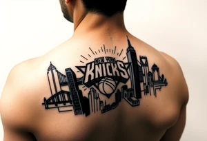 Photo realistic, New York City cityscape with New York knicks logo tattoo idea