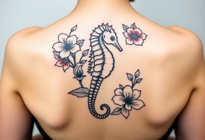 Sea horse flowers and waves tattoo idea