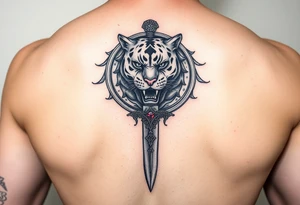 mystical panther around an ancient dagger with jeweled hilt tattoo idea