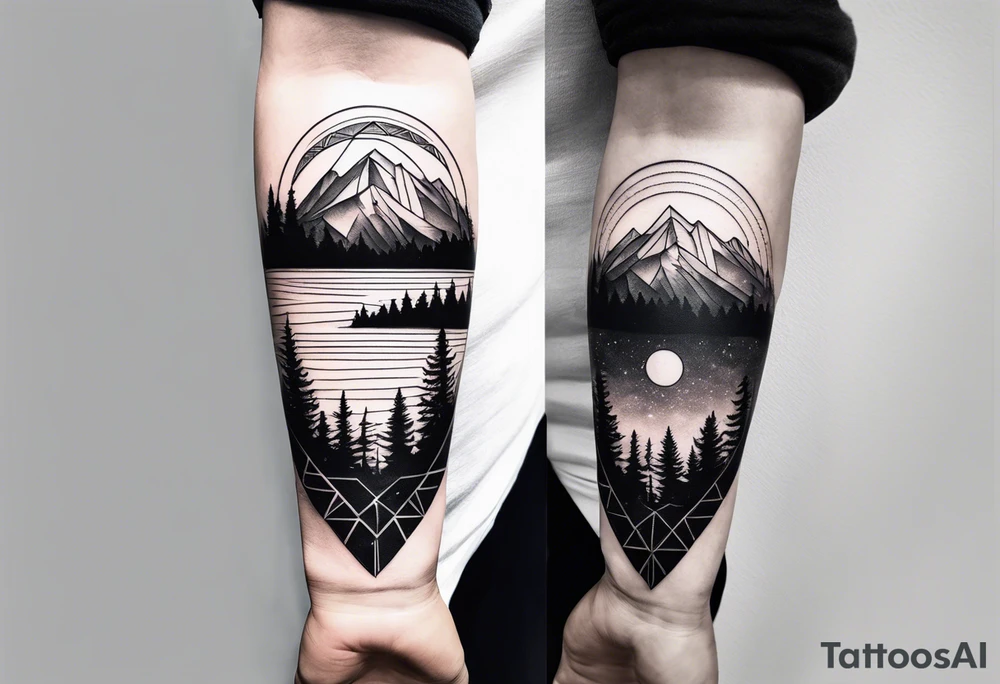 Large forearm geometric nature tattoo with moutains, lake, forest, and a moon. tattoo idea