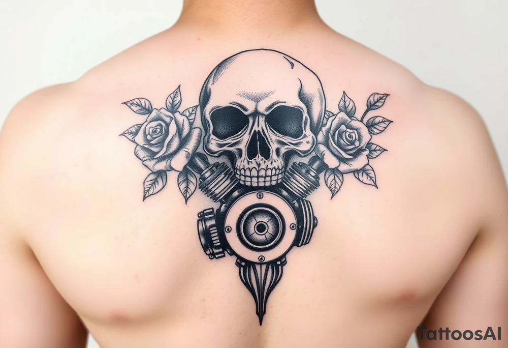 Skull and motorcycle engine with wilting roses tattoo idea