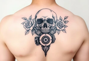 Skull and motorcycle engine with wilting roses tattoo idea