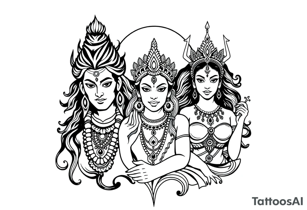 Lord Shiva, Godess Kali, Godess Lilith Together with the moon in the background tattoo idea