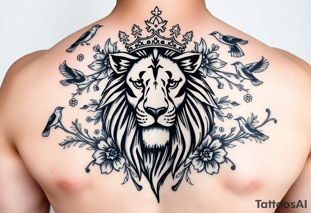 powerful majestic lion with a crown, surrounded by floral ornaments and birds tattoo idea