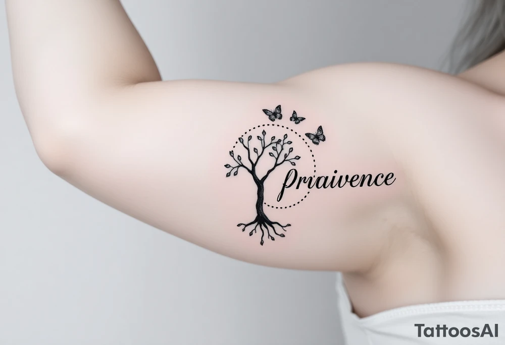 a tree of life that has small roots but its roots lead into a dotted circle with three butterflies coming out of the top right of the circle and the word “providence” is written in fancy letters on the outside of circle but curving around the circle on the left side tattoo idea