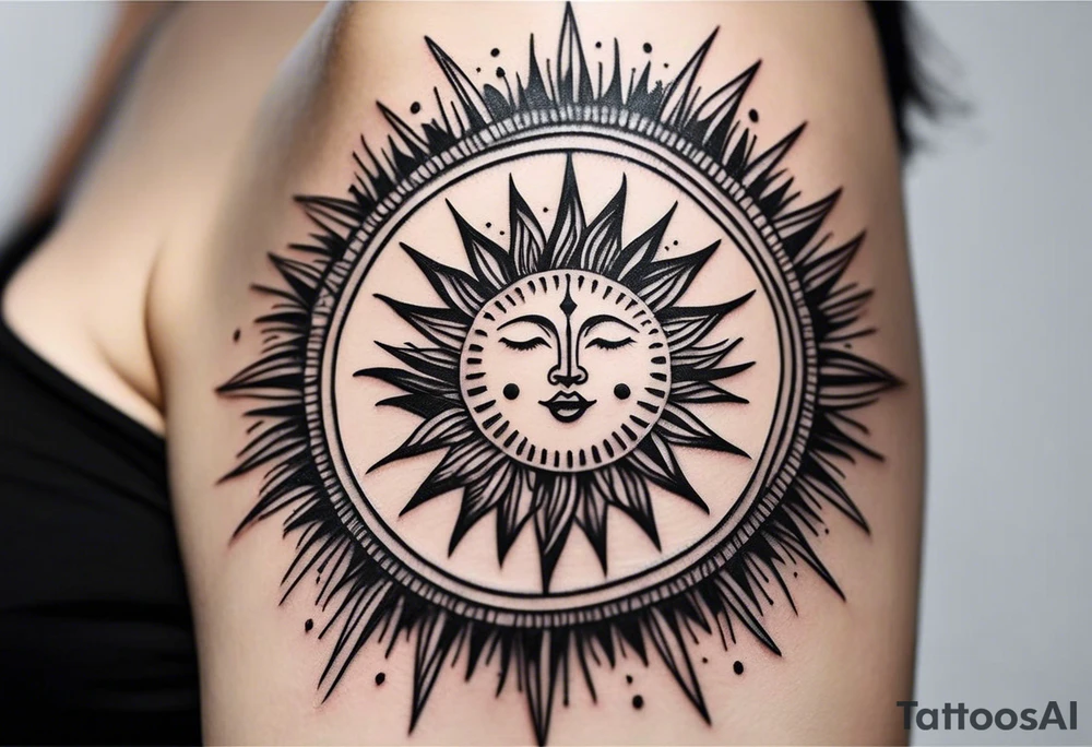 a mixture of minimalist/fine line/tribal tattoo design that is mainly minimalist with fine lines. unique Design of the sun that resembles a connection to the sun. It further resembles the sun's energy. Make it simple to draw and focus on the rays of sunshine
unique shape
simple design tattoo idea