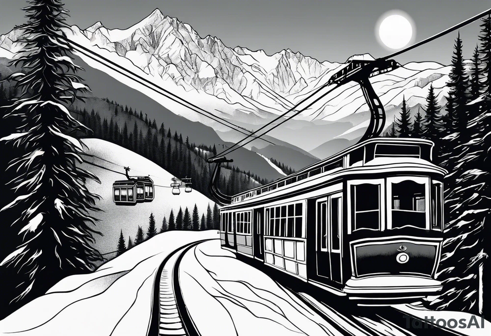 Create a large-scale tattoo design that starts at the lower back. The motif features a cable car ascending from a valley station into snowy mountains, leading to the top station. At the end of the cable car, it connects to a pair of ski goggles worn by a female head. In the lenses of the ski goggles, the snowy mountains should be reflected. Pay attention to realistic details of the mountains and the cable car, while the female head and ski goggles are stylized but clearly recognizable. The design should flow organically and extend upwards along the back. tattoo idea