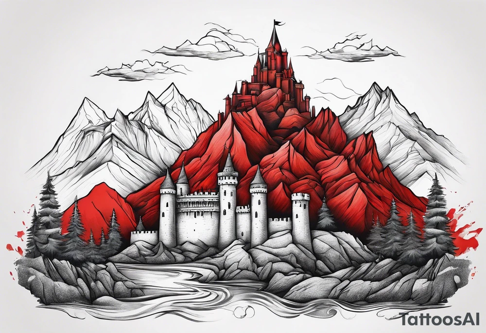 red mountains which there are two fantasies castles. tattoo idea