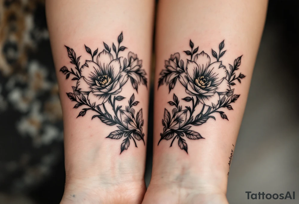 Matching flowery hearts in black ink, customized from each other’s actual prints. tattoo idea