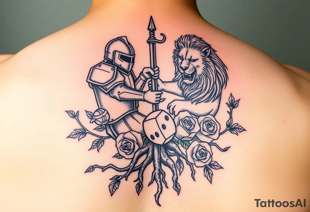 knight and Lion intertwined with tree roots and roses rolling dice tattoo idea