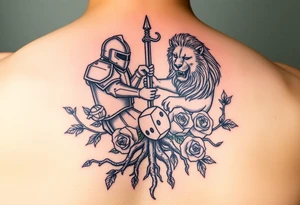 knight and Lion intertwined with tree roots and roses rolling dice tattoo idea