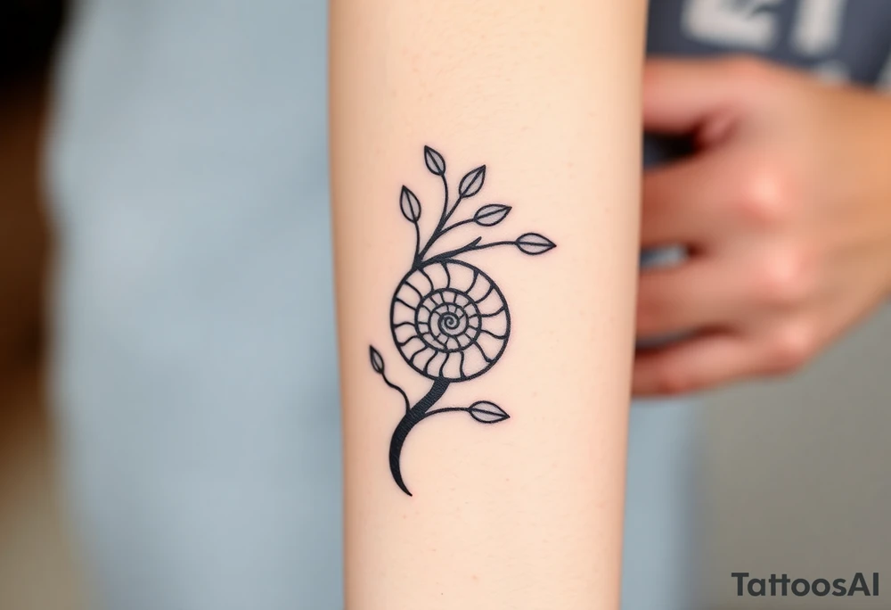 Fibonacci spiral shell inside of tree with leaves tattoo idea