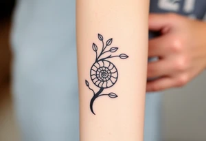 Fibonacci spiral shell inside of tree with leaves tattoo idea