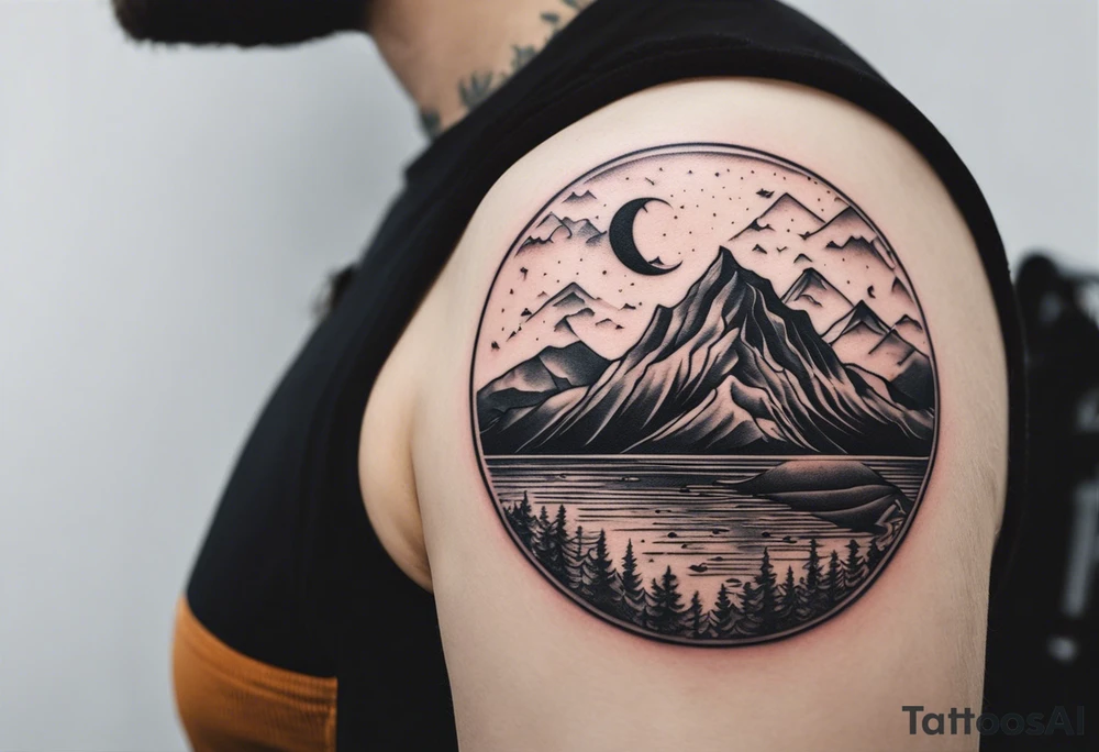 This is a tattoo that is split into 2 sections; a top half and a bottom half. The top half is a mountain in Norway with a mountain bike trail winding down the mountain. The bottom half of the tattoo depicts an underwater scene featuring water, and sea life. tattoo idea
