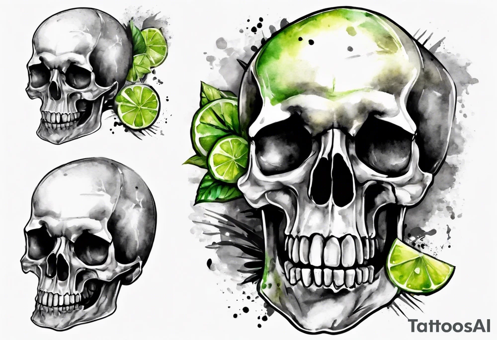 A smiling looking to the left scull inside the glass with alcohol and piece of lime tattoo idea