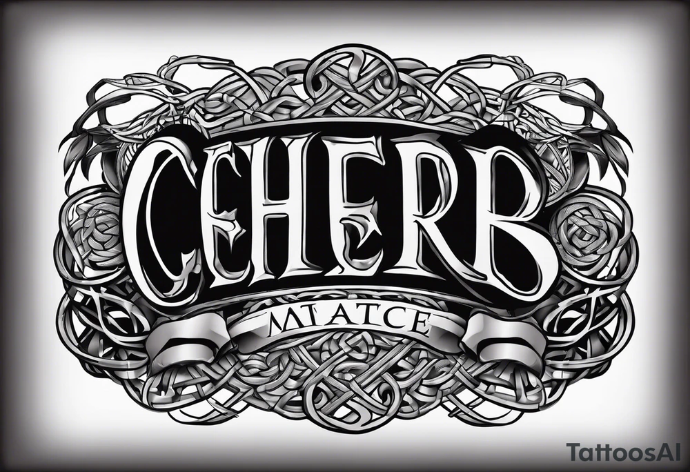 "Cheers Mate" text black and grey ink armband +Celtic +grey Cancer Ribbon tattoo idea