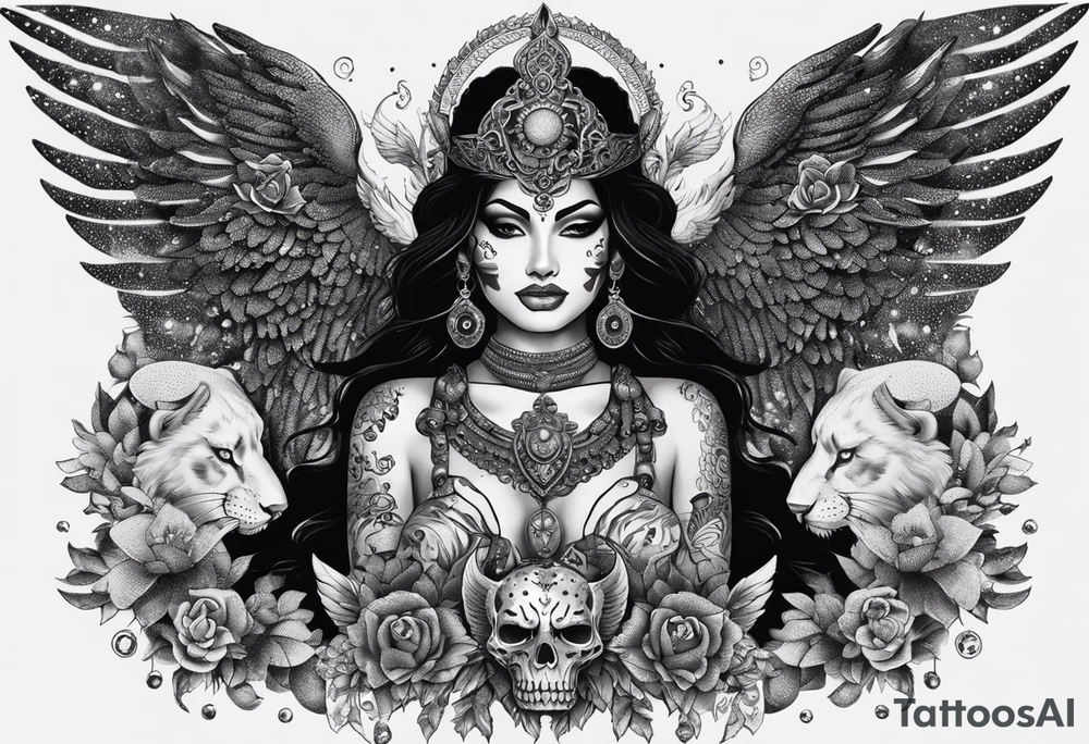 black kali, goddess pirate, alien, angel, pachamama, valkrye, warrior, flying, skull, lotus azul, wing, eagle, zenza resonance, stars, 5D, anahata chakra, death, durga, riding on a tiger, flying lady, kundalini, chest tatoo, samuri, rebel, serpent tattoo idea