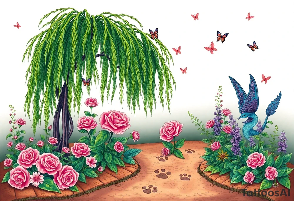 weeping willow garden with roses and liles flower beds. fantasy creatures, fairies, mermiads, dragons butterflies,  cat paw prints path in dirt. tattoo idea