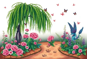 weeping willow garden with roses and liles flower beds. fantasy creatures, fairies, mermiads, dragons butterflies,  cat paw prints path in dirt. tattoo idea