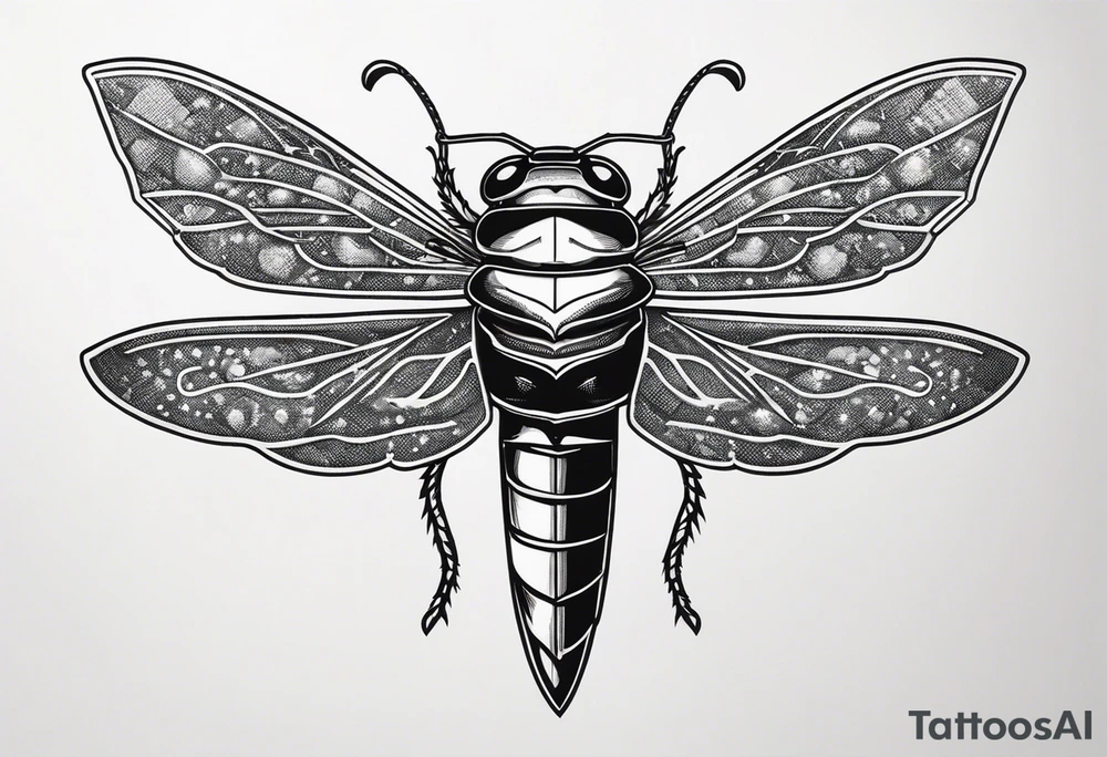Cicada stippled and shaded with a sword behind it tattoo idea