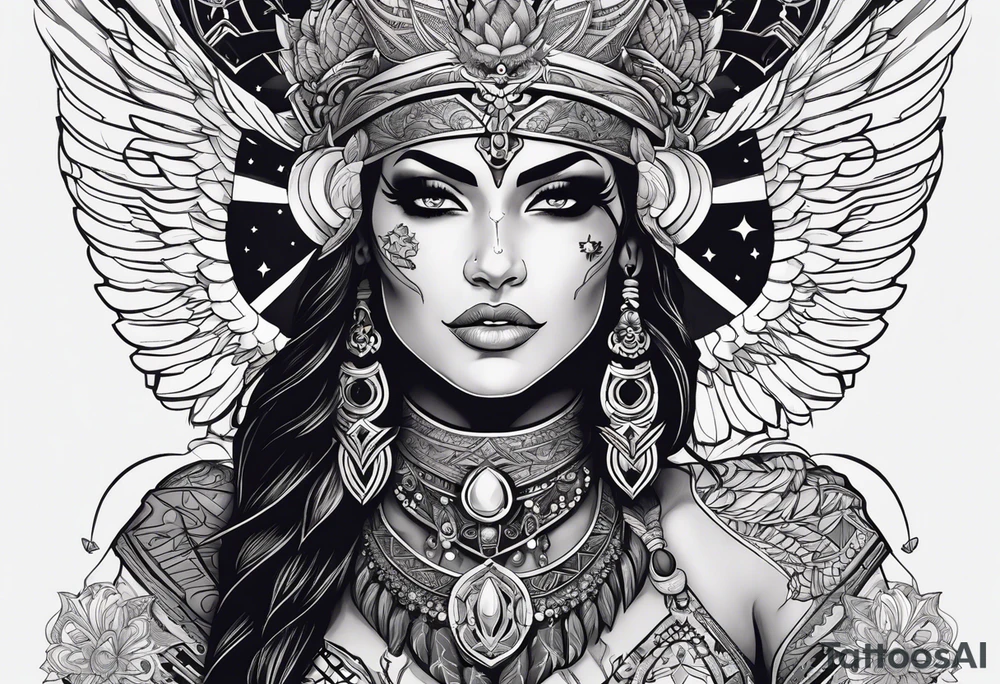 black kali, goddess pirate, alien, pachamama, valkrye, warrior, skull, lotus azul, wing, eagle, zenza resonance, stars, 5D, anahata chakra tattoo idea