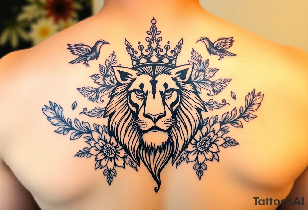 powerful majestic lion with a crown, surrounded by floral ornaments and birds tattoo idea