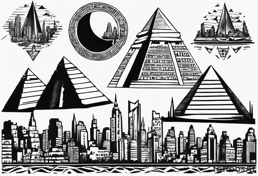 Manhattan skyline with egyptian pyramids tattoo idea