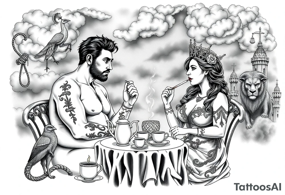 Naked Man and woman having sex Storm lightening clouds gothic sexy naked fat lady having a tea party with tea pot and medieval castle
with a pigglets, peacock, noose, lion, goat, smoking cigerettes looking in the mirror eating a cake thru storm clouds with razor blades and broken hearts and darkness and wrath, envy , gluttony, greed, sloth, pride kill tattoo idea