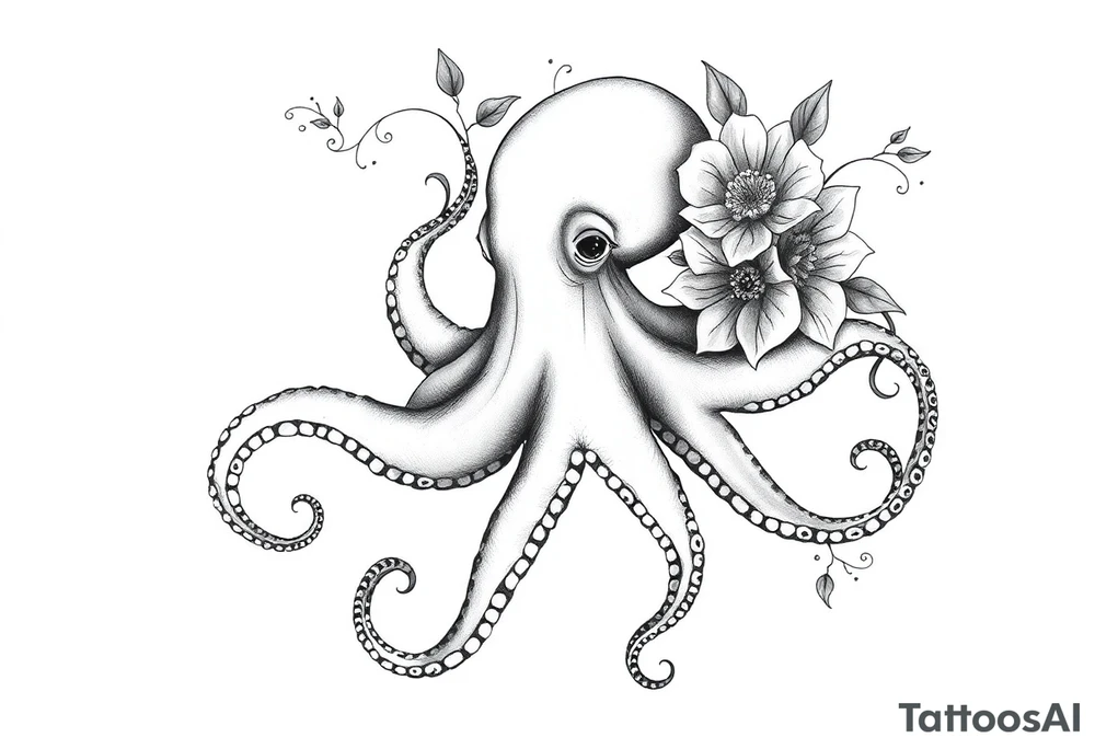 realistic octopus, detailed linework, intricate, black-and-grey shading, surrounded by floral ornaments, intertwining and merging with flowers, thin black swirling lines, semi-transparent brown leaves, dotwork, ornamental flourishes, radiating design, fine-line style, minimalistic, organic flow, feminine, artistic, slightly surreal, seamless composition, marine botanical fusion, lifelike texture, graceful rhythm, smooth shading, soft leaves wrapping, blooming shoulder flower, outward radiating pattern, vine tentacle flow, integrated sea creature, botanical octopus curved body placement, natural organic movement tattoo idea