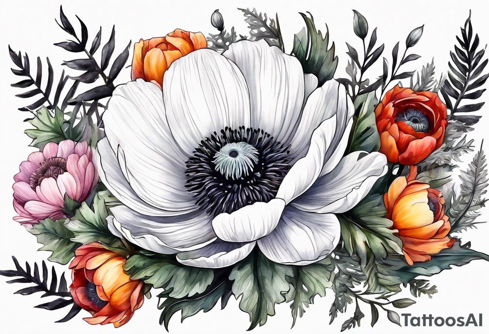 a white anemone with black center with thistles, ferns, ranuculus, sun flowers, red flowers, pink flowers, orange flowers, yellow flowers in watercolor tattoo idea