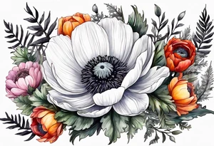 a white anemone with black center with thistles, ferns, ranuculus, sun flowers, red flowers, pink flowers, orange flowers, yellow flowers in watercolor tattoo idea