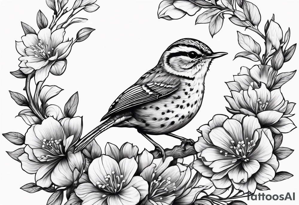 Create a delicate tattoo of a wren nestled among blossoms, highlighting its small size and charming features tattoo idea