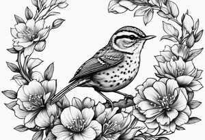 Create a delicate tattoo of a wren nestled among blossoms, highlighting its small size and charming features tattoo idea