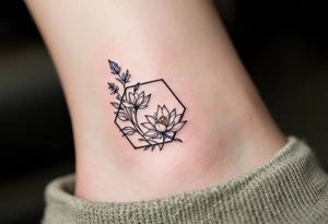 Leo sign, larkspur and water lily surrounded by a hexagon tattoo idea