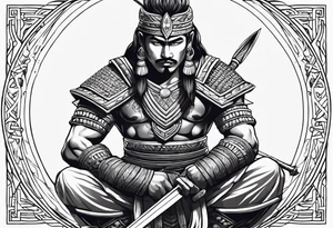 samorai warrior holding his sword with arrows at his back bending on his knees. ready to fight tattoo idea