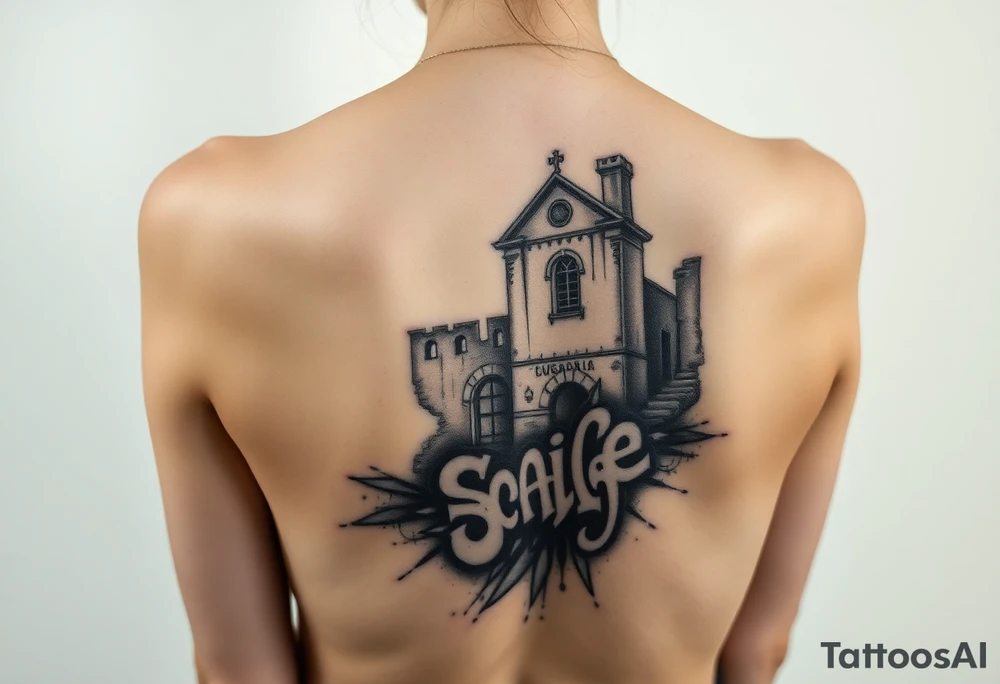 Vele di Scampia ruined and covered in graffiti, large tattoo, lower back area tattoo idea